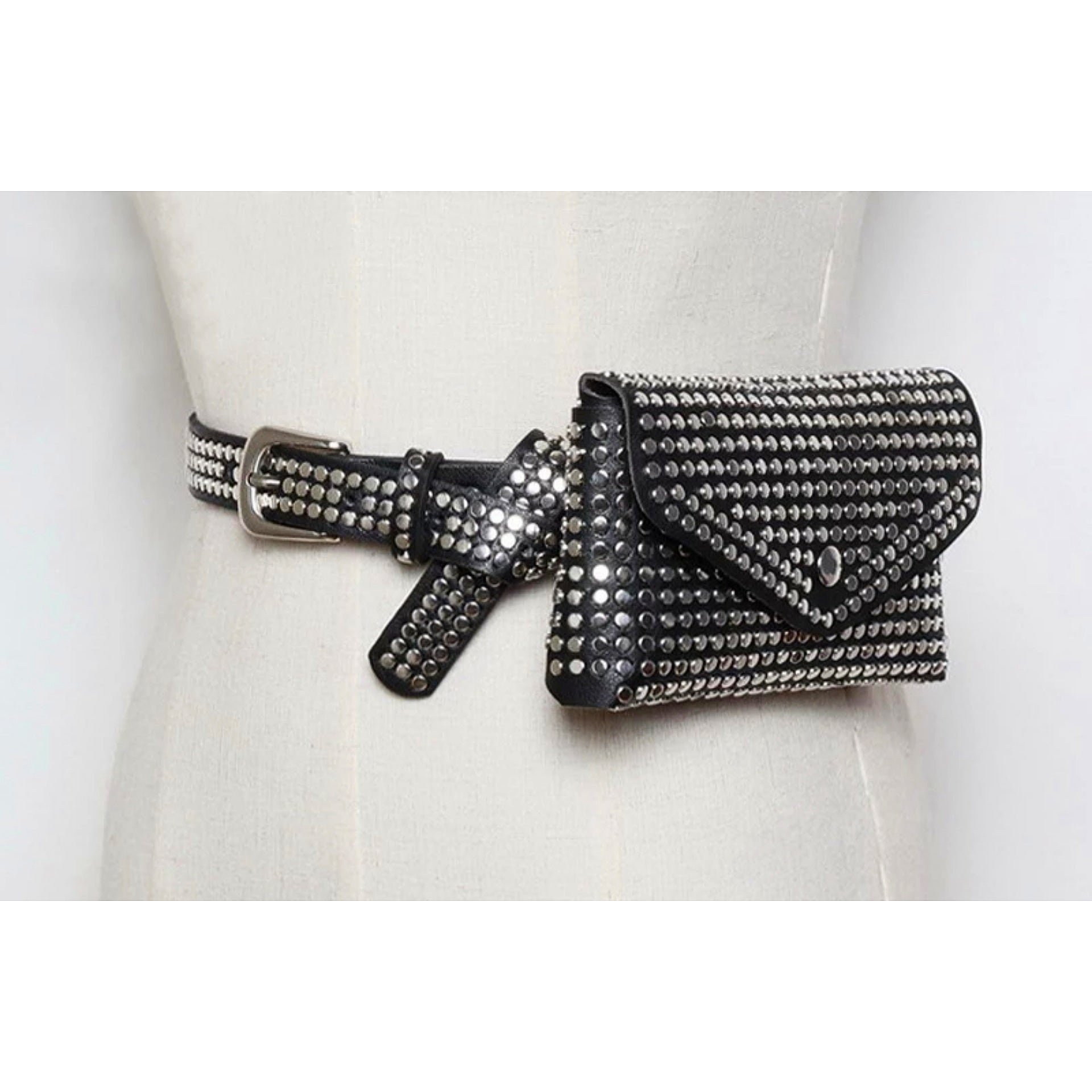 Black PU Leather Fanny Pack -Waist Belt Purse + Silver Studs & Details